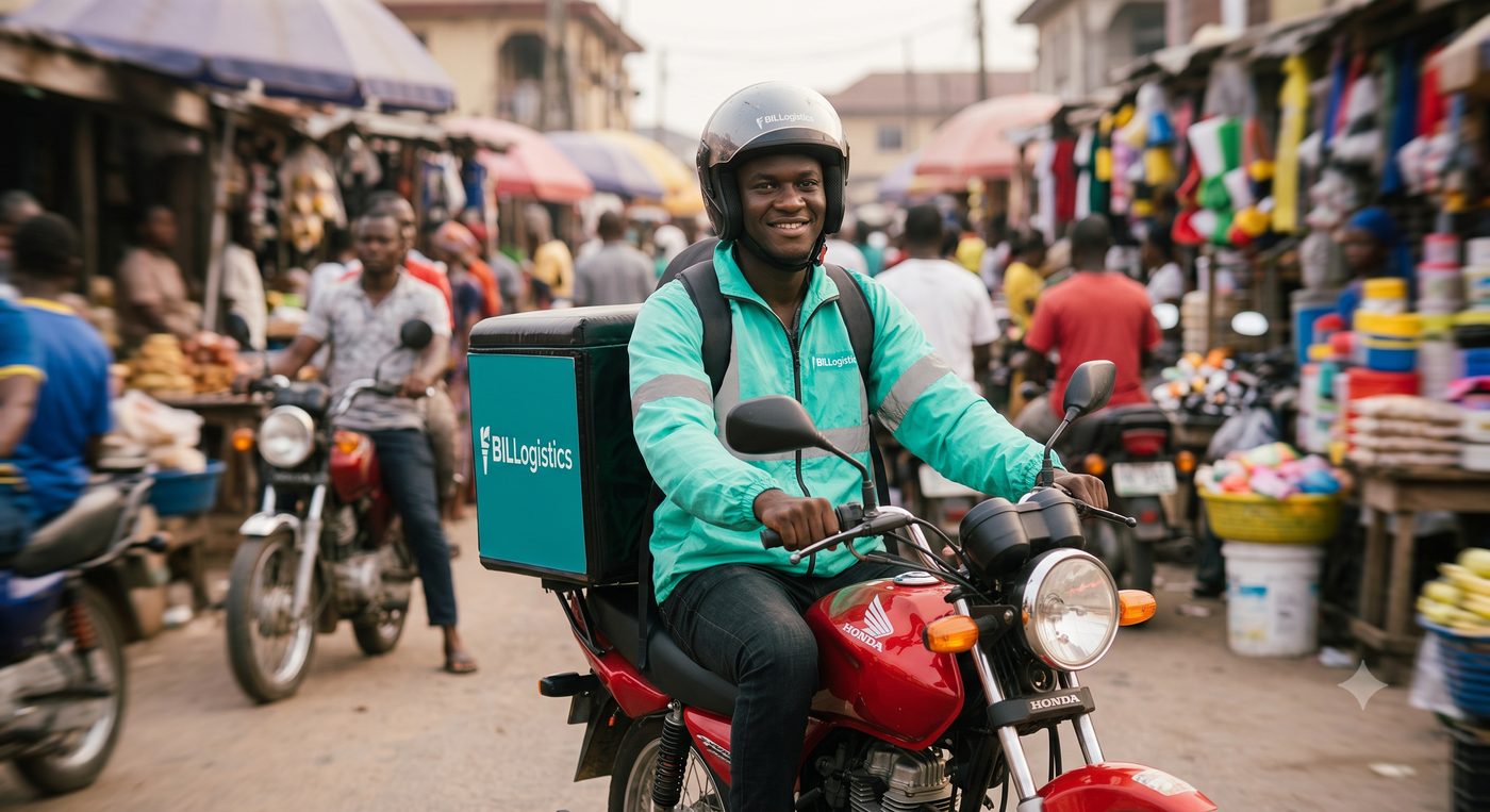 BIL Logistics dispatch rider on a branded delivery motorcycle