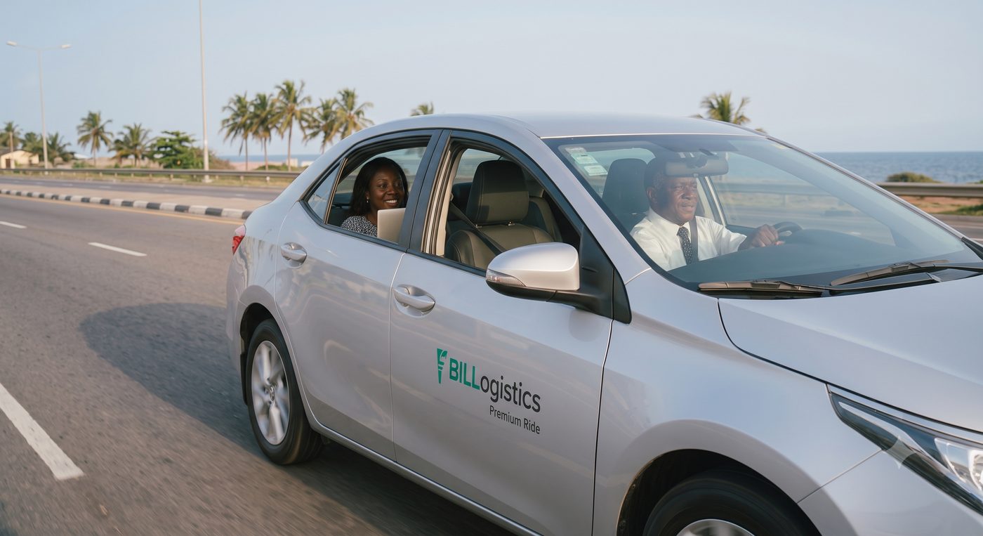 BIL Logistics branded premium ride sedan with driver and passenger